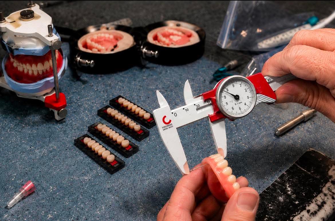 Denture lab bench with custom teeth
